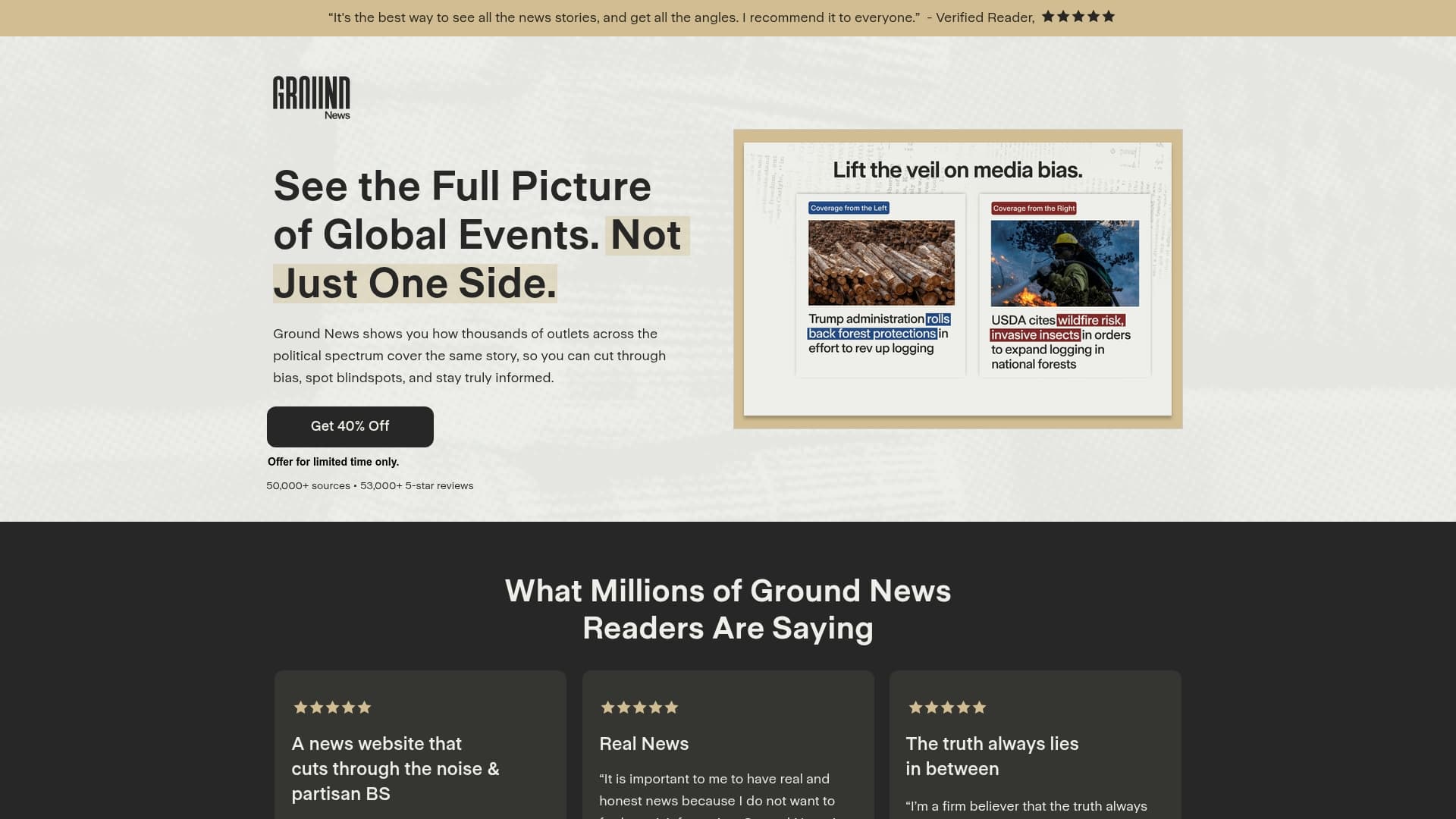 Ground News sponsor landing page advertised on Left, Right & Center