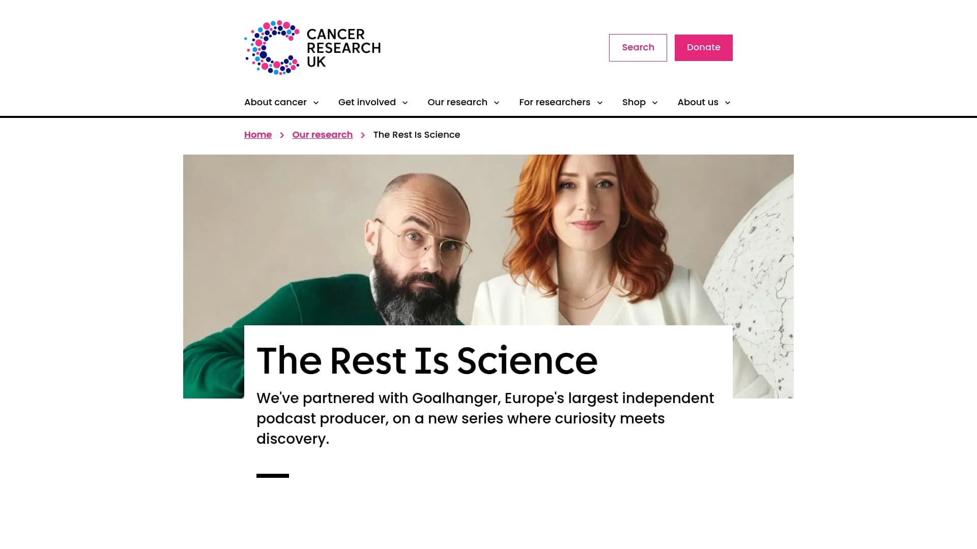 Cancer Research UK sponsor landing page advertised on The Rest Is Science