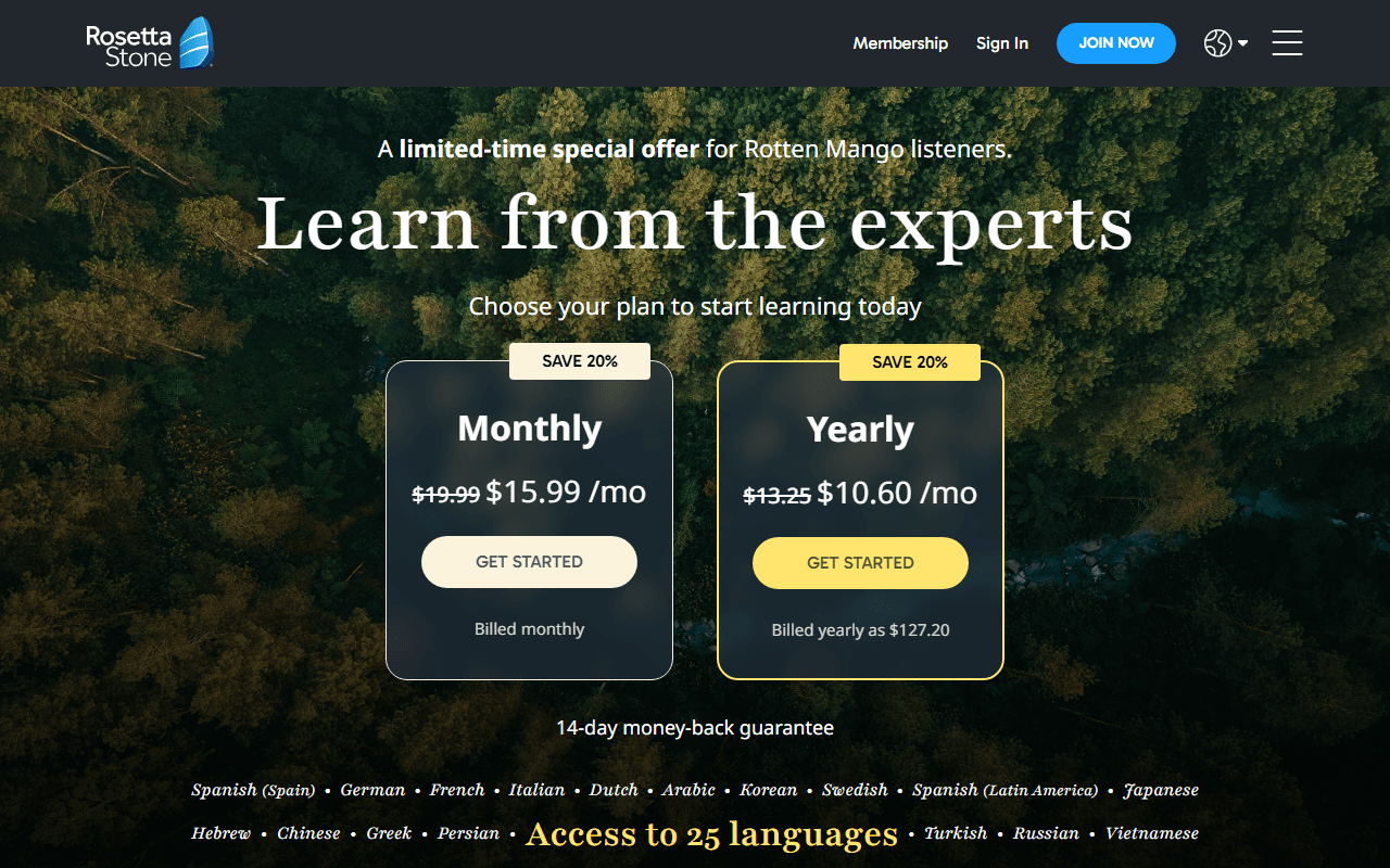 Rosetta Stone sponsor landing page advertised on Rotten Mango