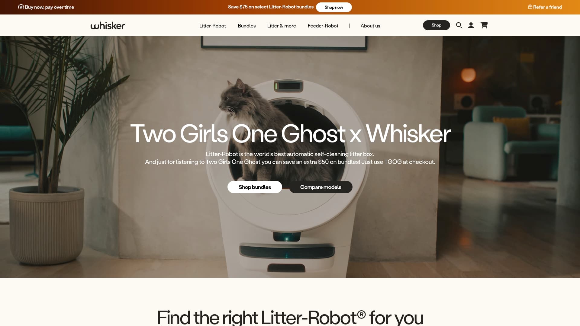 Whisker Litter Robot sponsor landing page advertised on Two Girls One Ghost