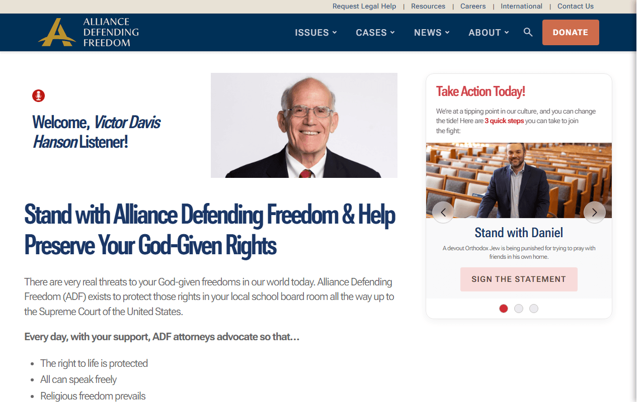 Alliance Defending Freedom sponsor landing page advertised on The Victor Davis Hanson Show on Spotify