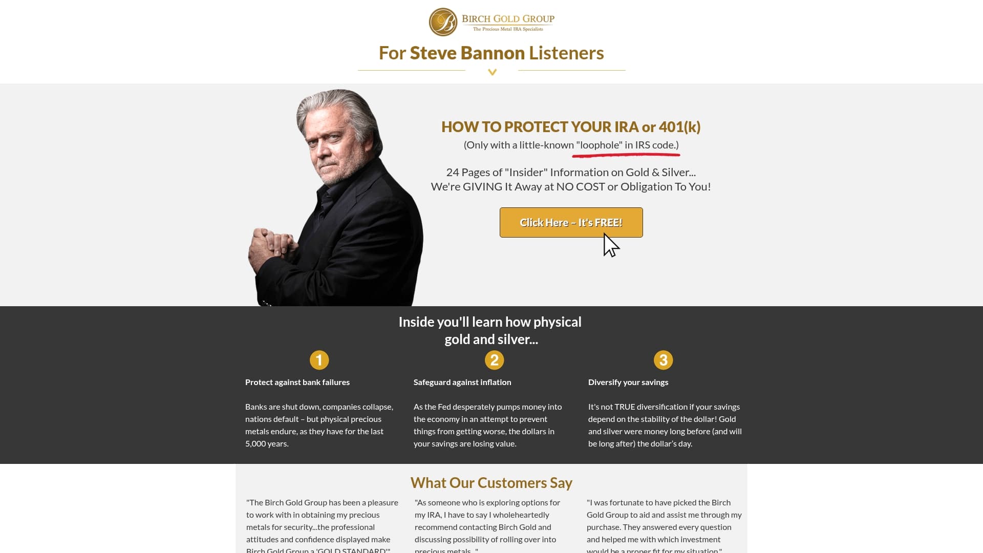 Birch Gold sponsor landing page advertised on Bannon`s War Room