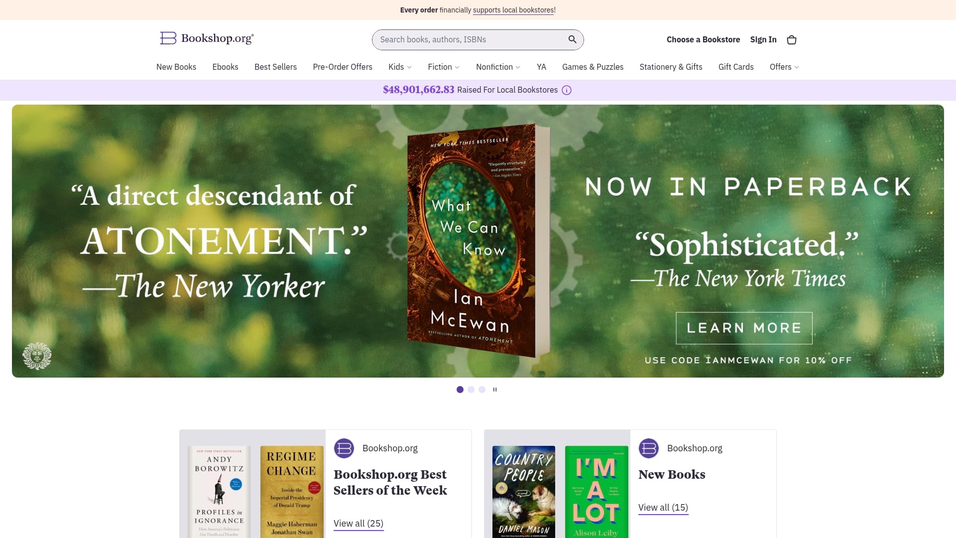 Bookshop.org sponsor landing page advertised on What A Day