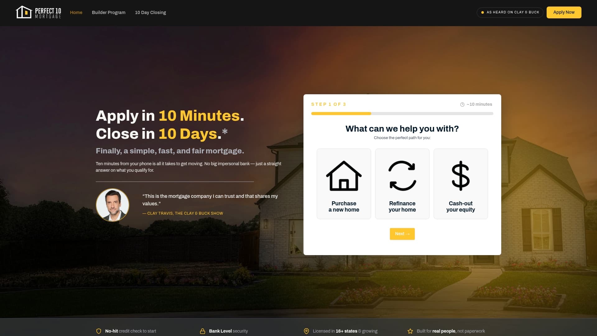 Perfect 10 Mortgage sponsor landing page advertised on The Clay Travis and Buck Sexton Show
