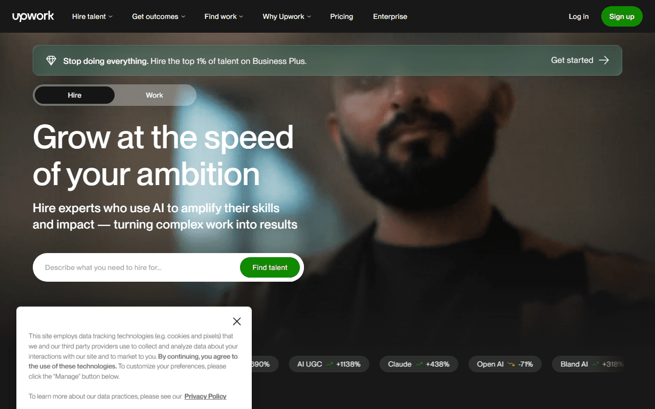 Upwork sponsor landing page advertised on Founder's Story