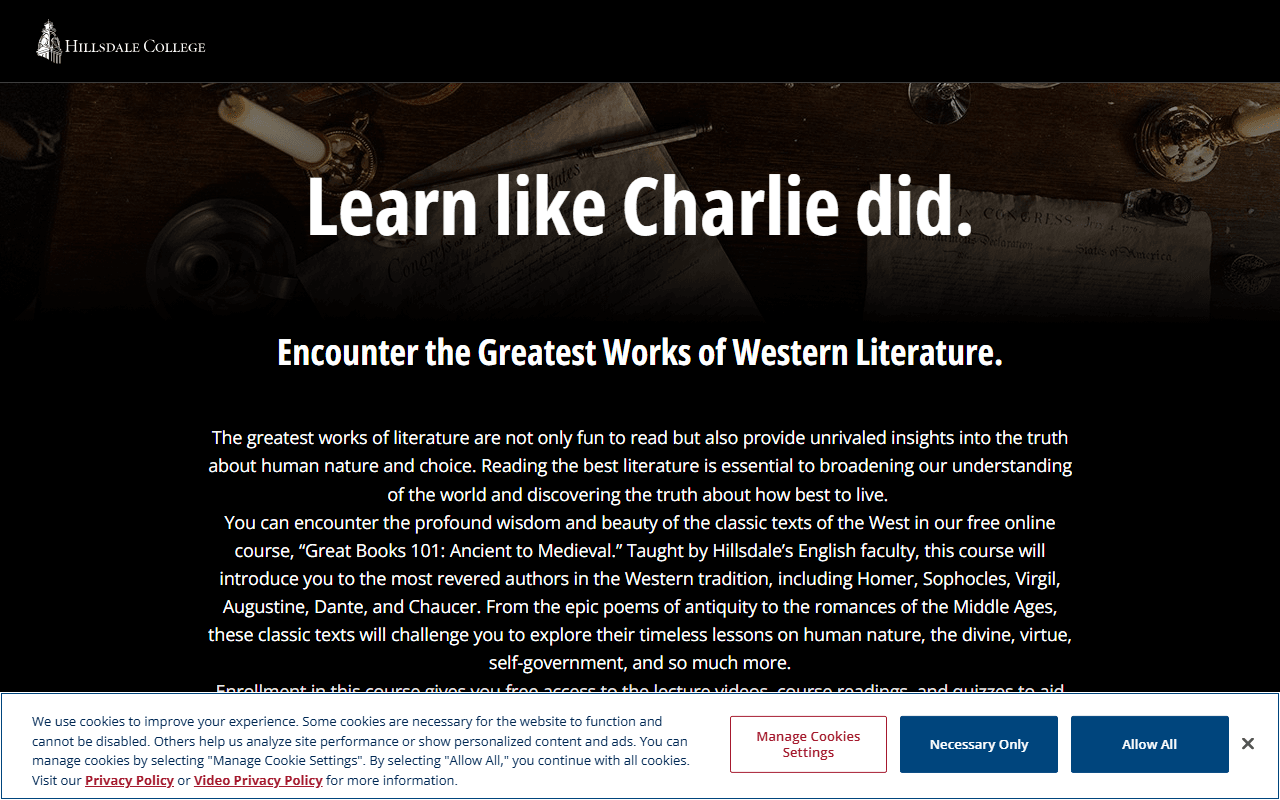 Hillsdale College sponsor landing page advertised on The Charlie Kirk Show