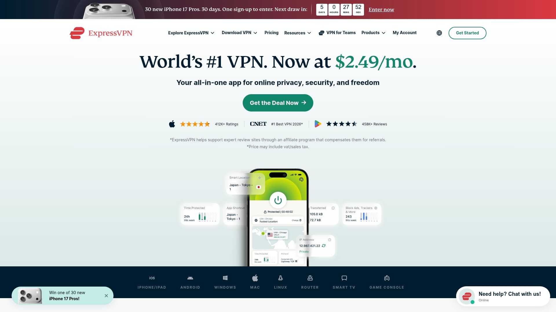 ExpressVPN sponsor landing page advertised on Kim Komando Daily Tech Update
