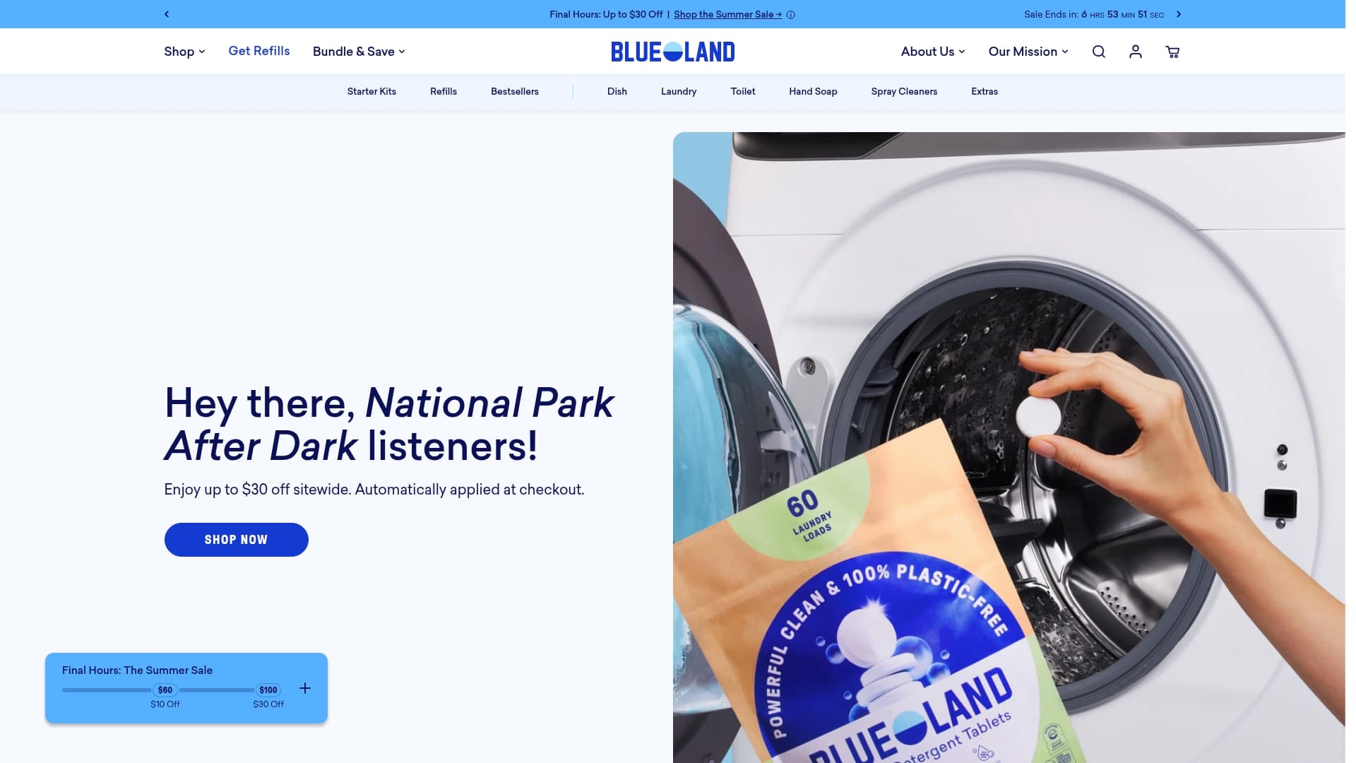 Blueland sponsor landing page advertised on National Park After Dark
