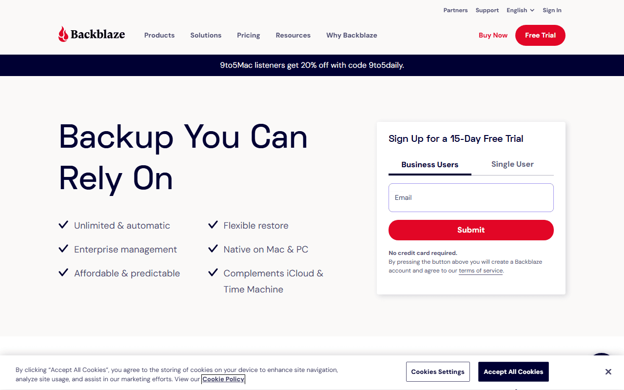 Backblaze sponsor landing page advertised on 9to5Mac Daily
