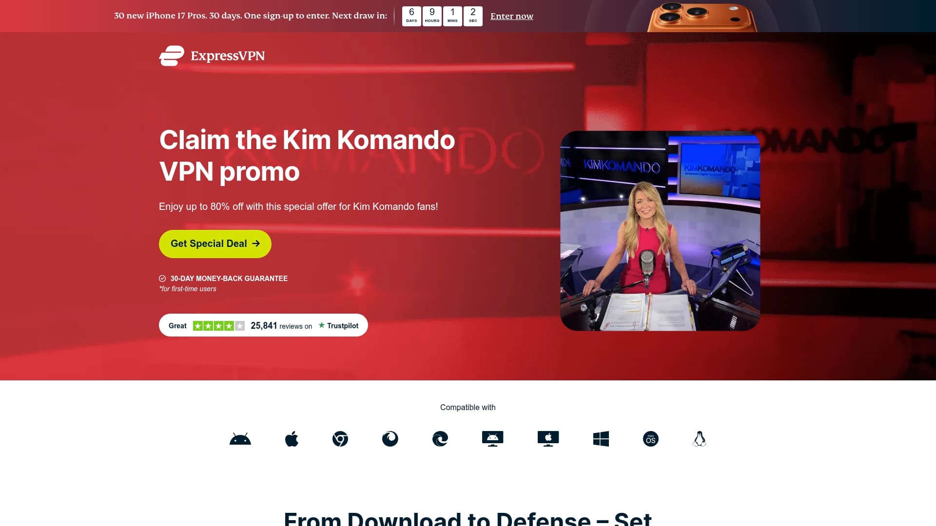 ExpressVPN sponsor landing page advertised on Kim Komando Daily Tech Update