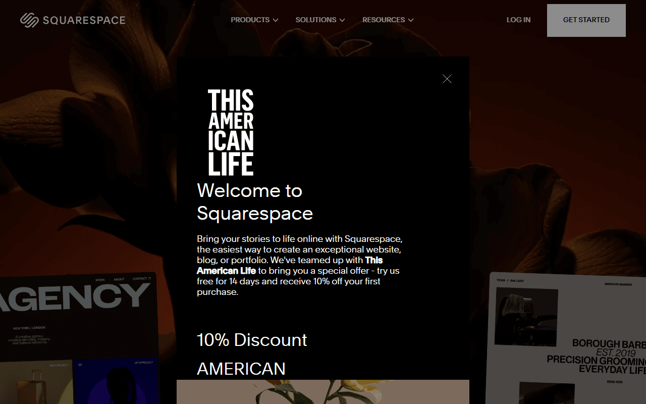 Squarespace sponsor landing page advertised on This American Life