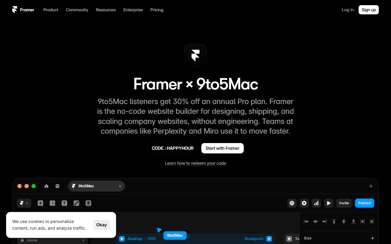 Framer sponsor landing page advertised on 9to5Mac Happy Hour