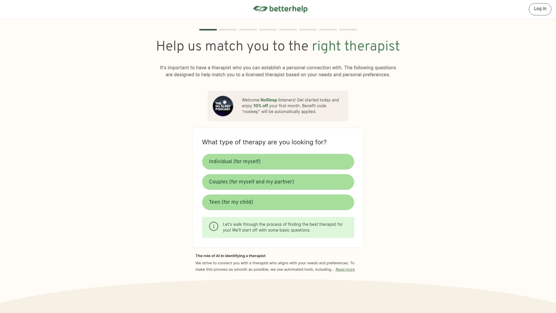 BetterHelp sponsor landing page advertised on The NoSleep Podcast
