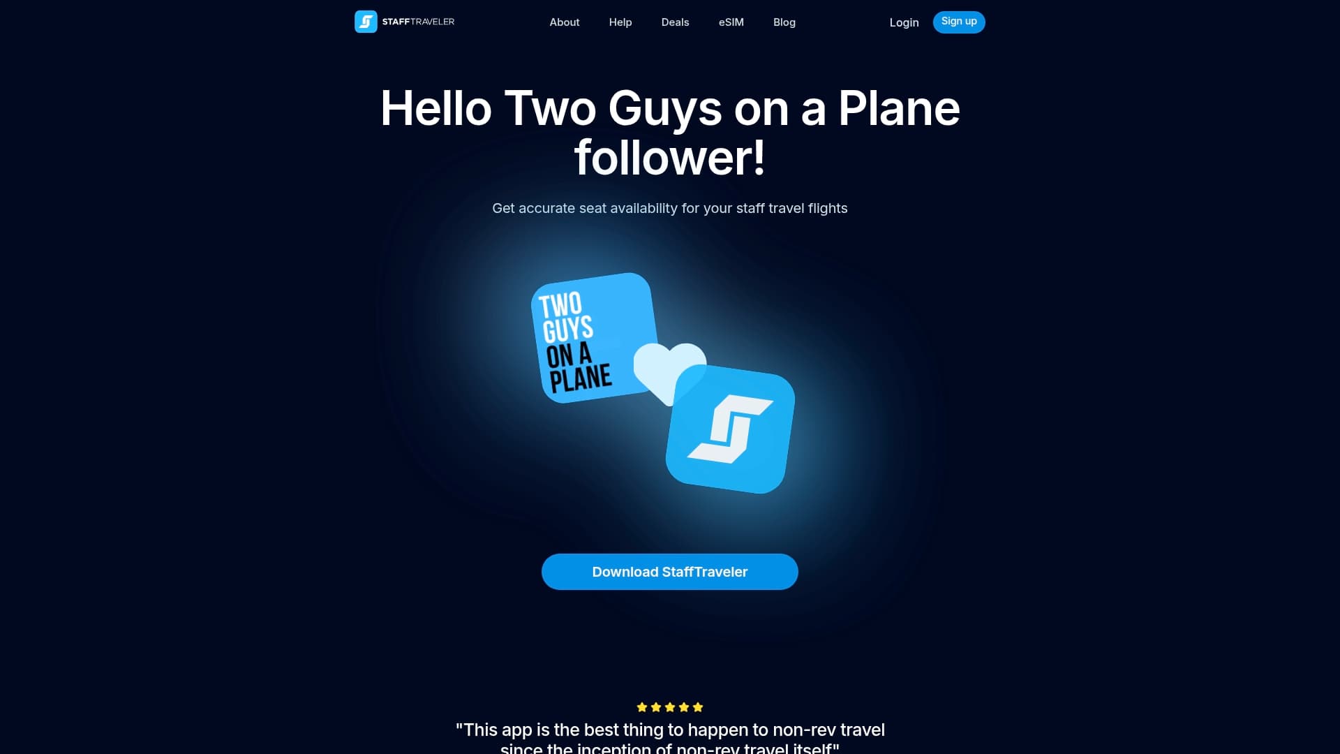 Staff Traveler sponsor landing page advertised on Two Guys on a Plane