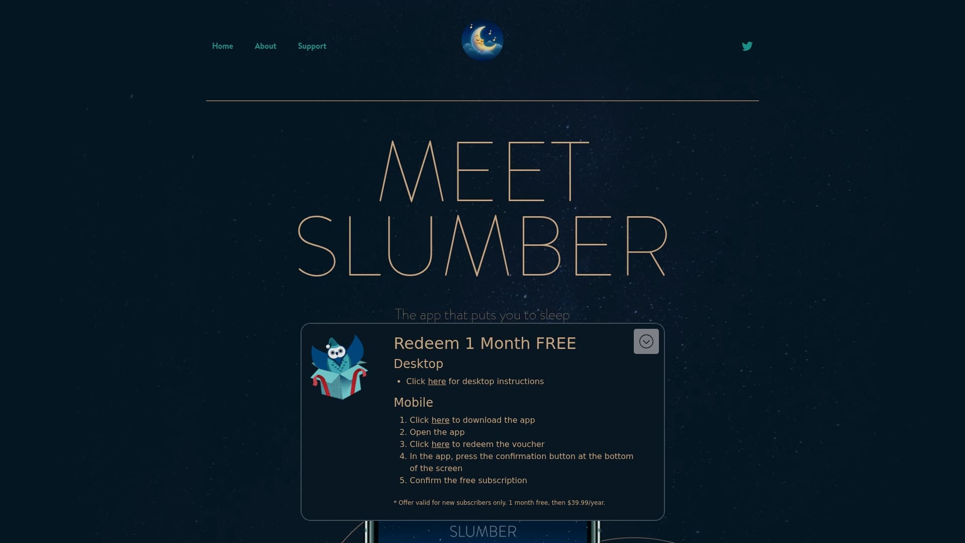 Slumber Studios sponsor landing page advertised on The Sleepy Bookshelf