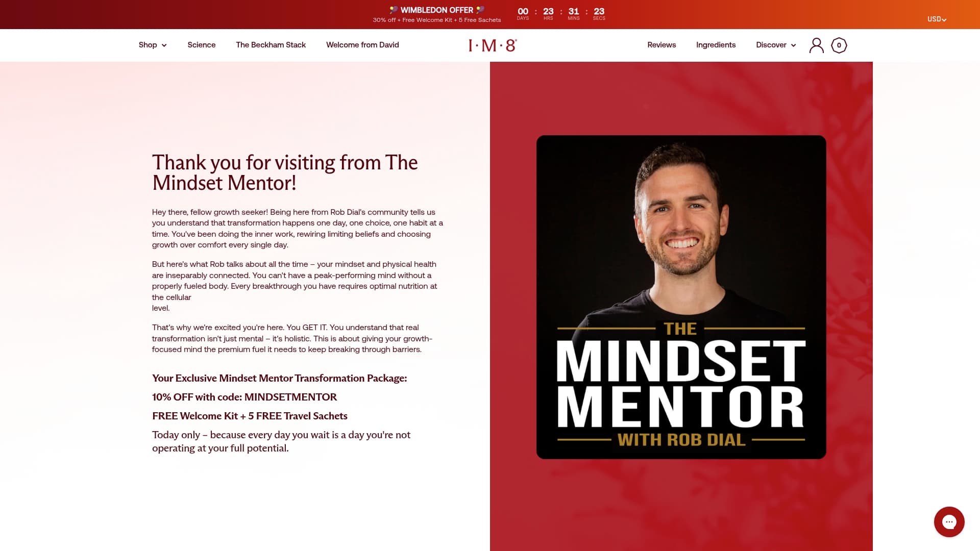 IM8 sponsor landing page advertised on The Mindset Mentor