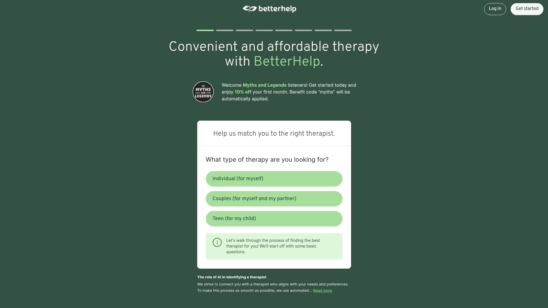BetterHelp sponsor landing page advertised on Myths and Legends