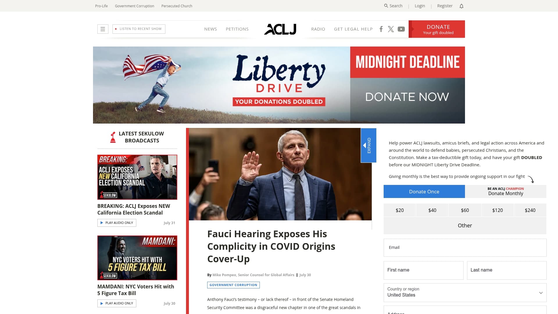American Center for Law and Justice sponsor landing page advertised on Sekulow