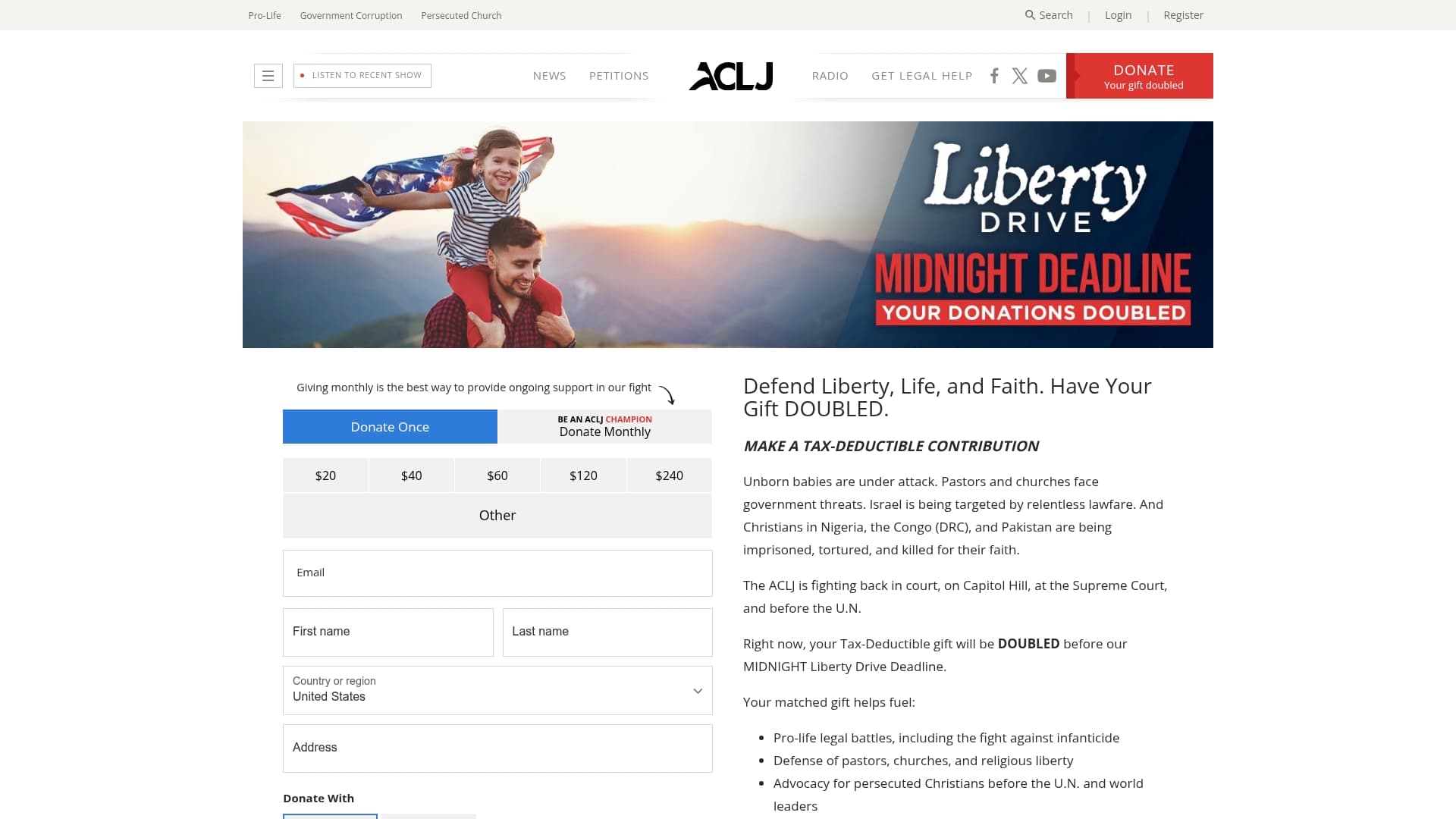 American Center for Law and Justice sponsor landing page advertised on Sekulow