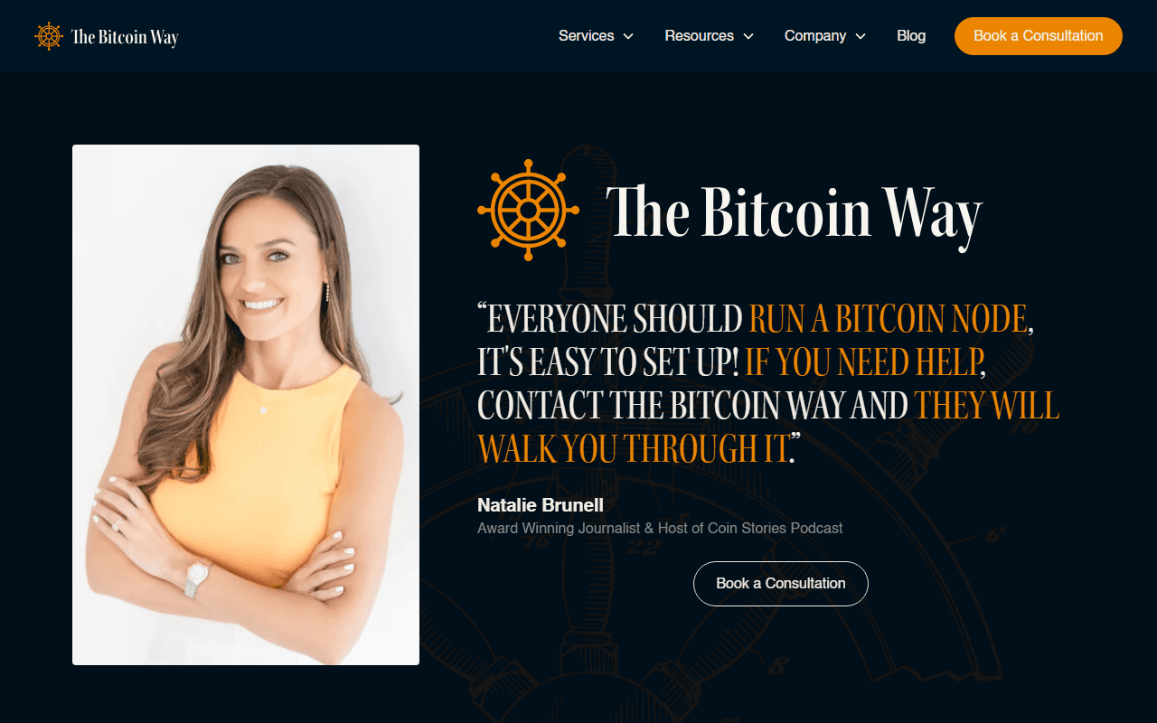 The Bitcoin Way sponsor landing page advertised on Coin Stories with Natalie Brunell