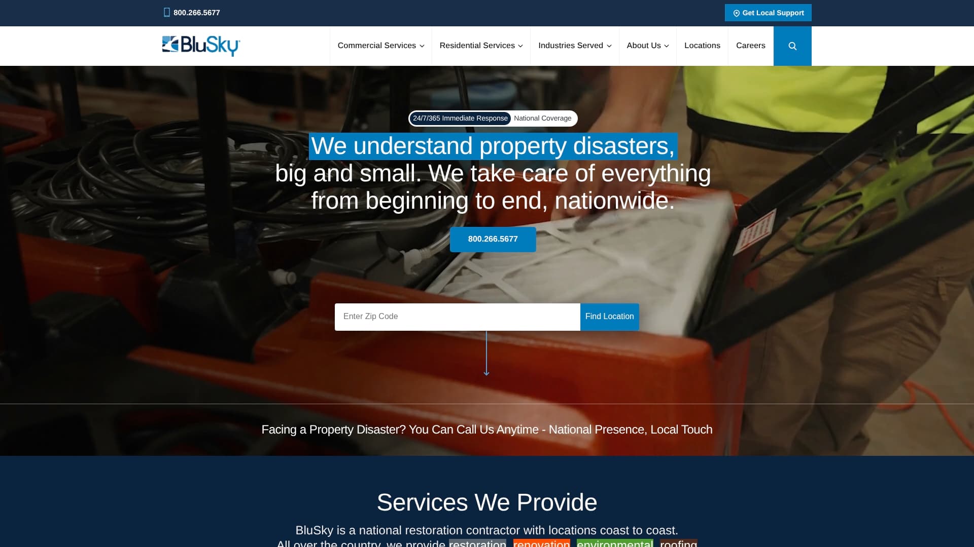Blue Sky Restoration Contractors sponsor landing page advertised on Felger & Massarotti