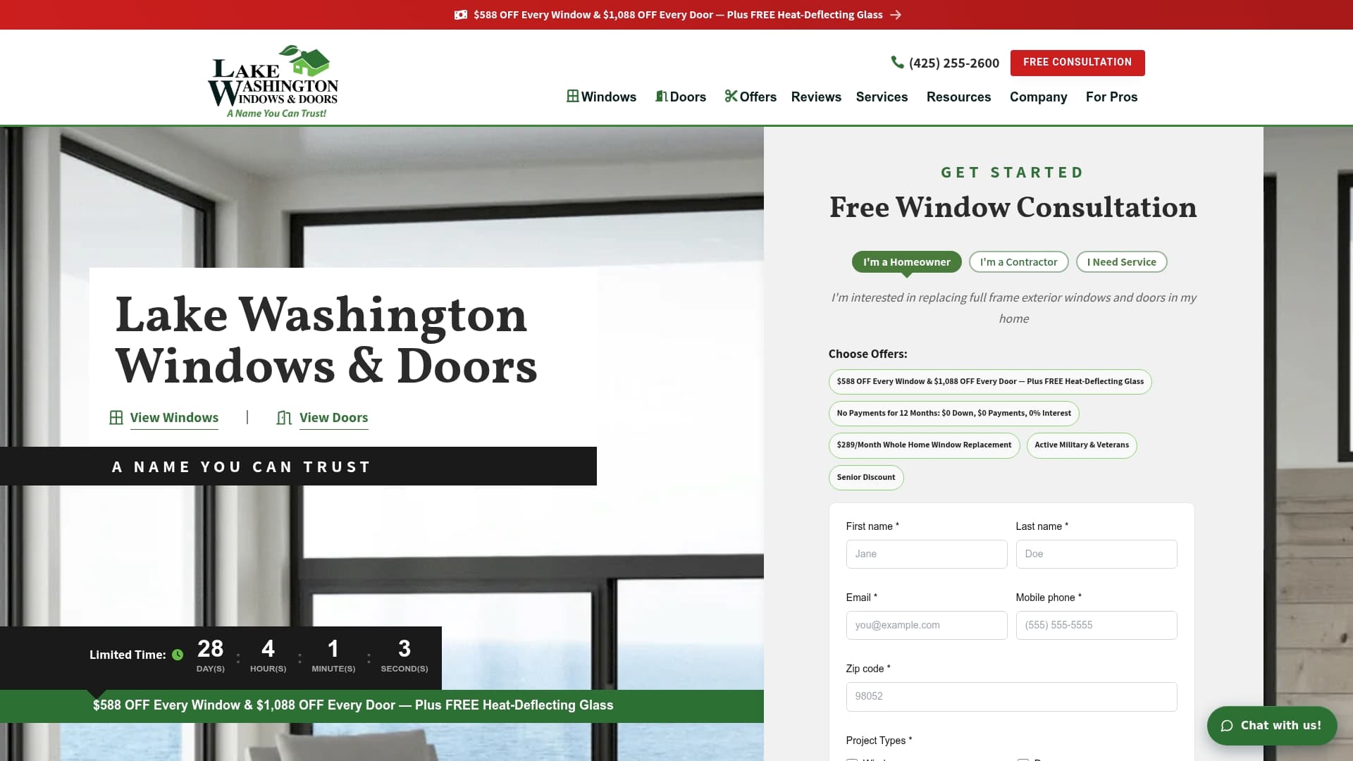 Lake Washington Windows and Doors sponsor landing page advertised on Brock and Salk