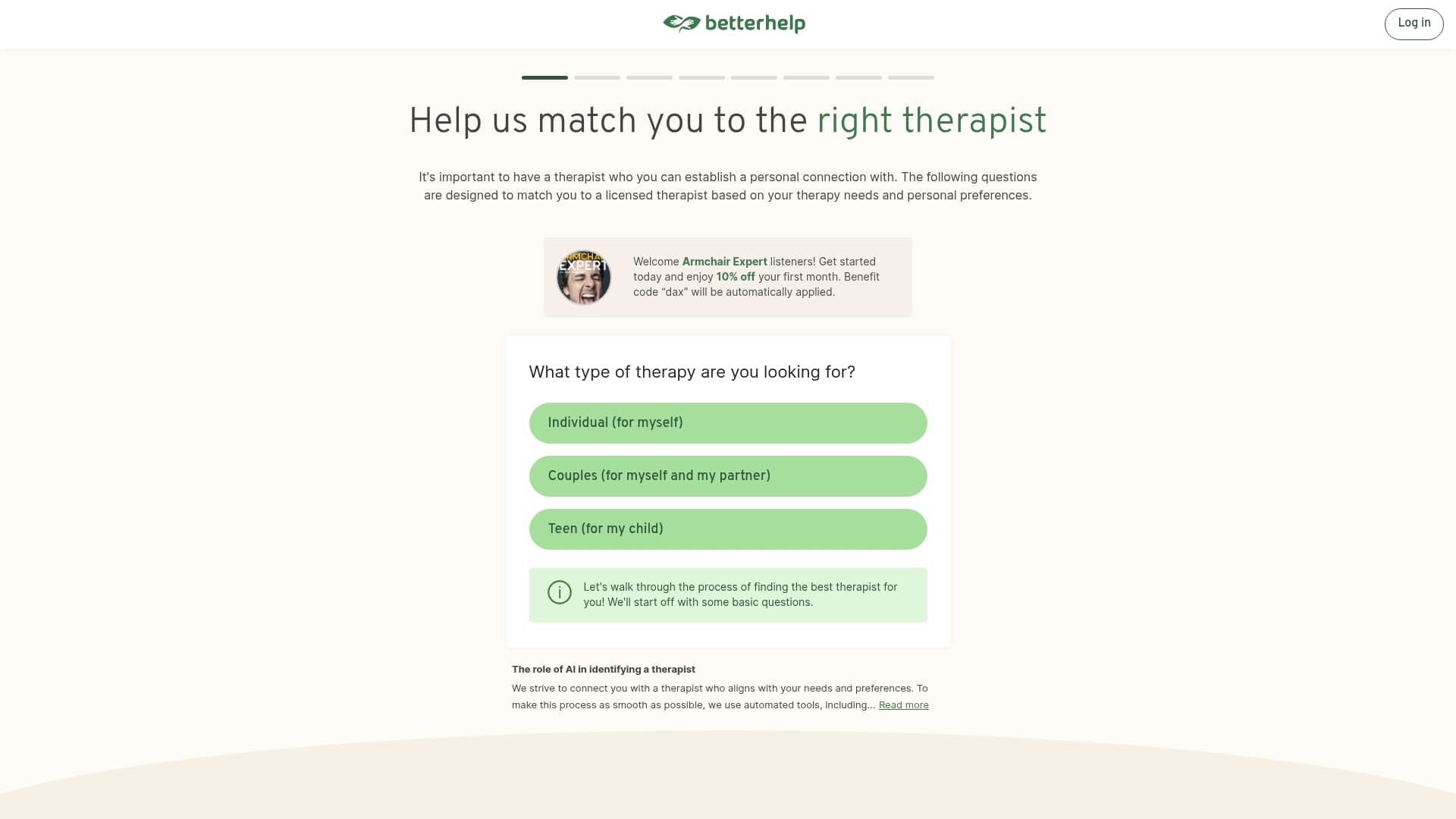 BetterHelp sponsor landing page advertised on Armchair Expert with Dax Shepard