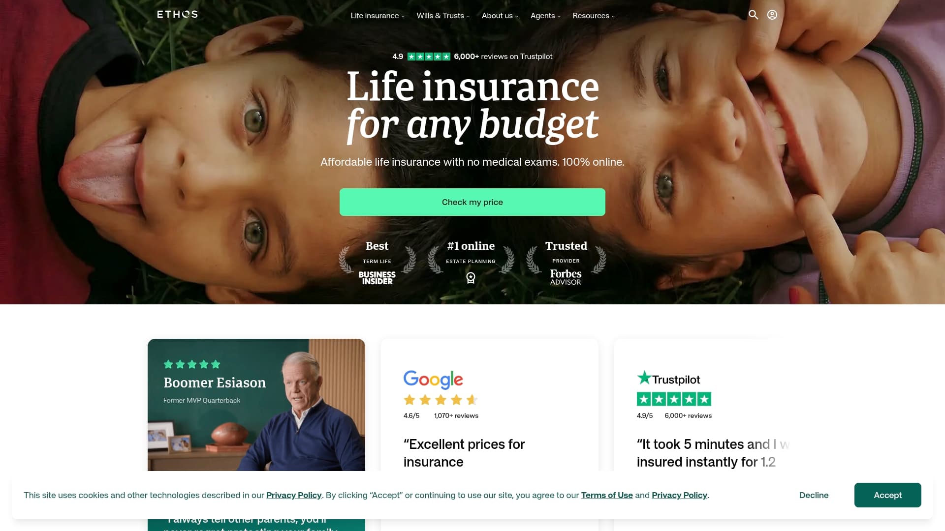 Ethos sponsor landing page advertised on The 1000 Hours Outside Podcast