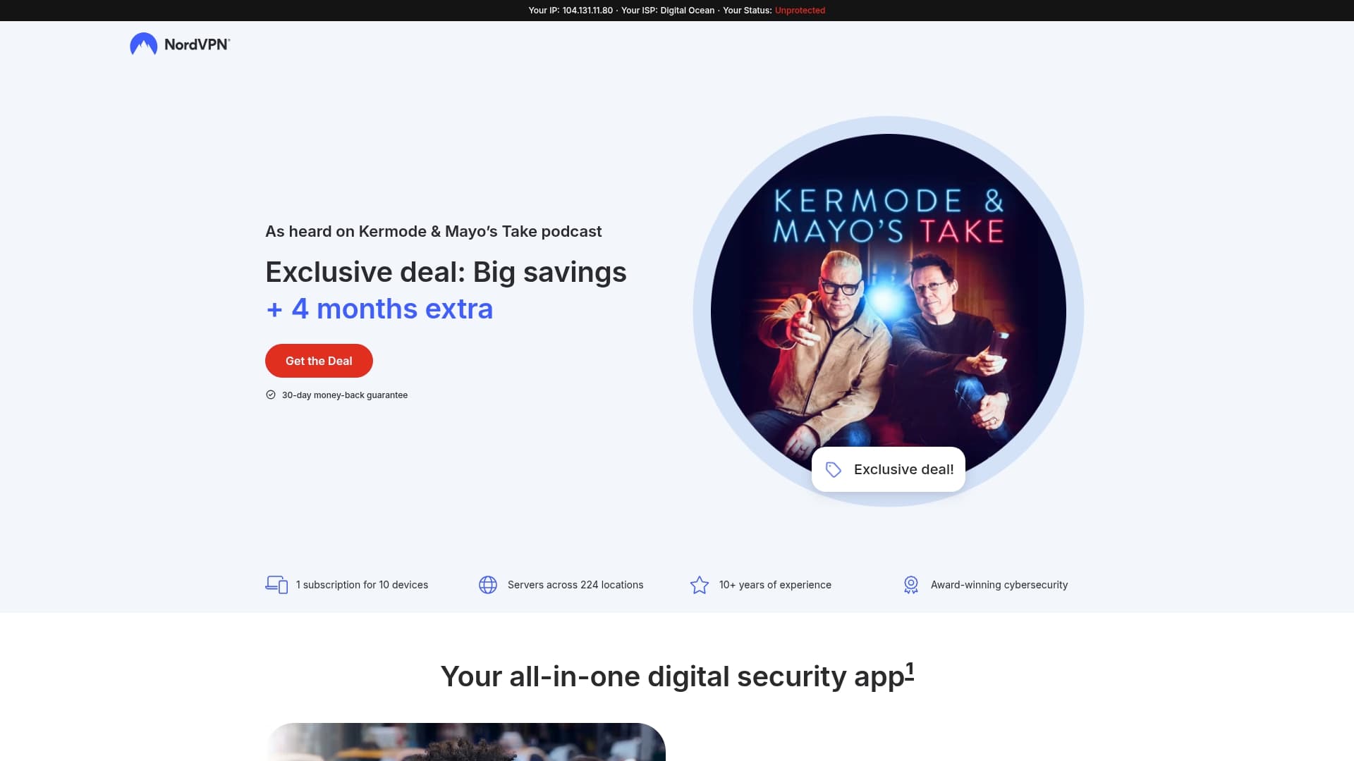 NordVPN sponsor landing page advertised on Kermode & Mayo’s Take