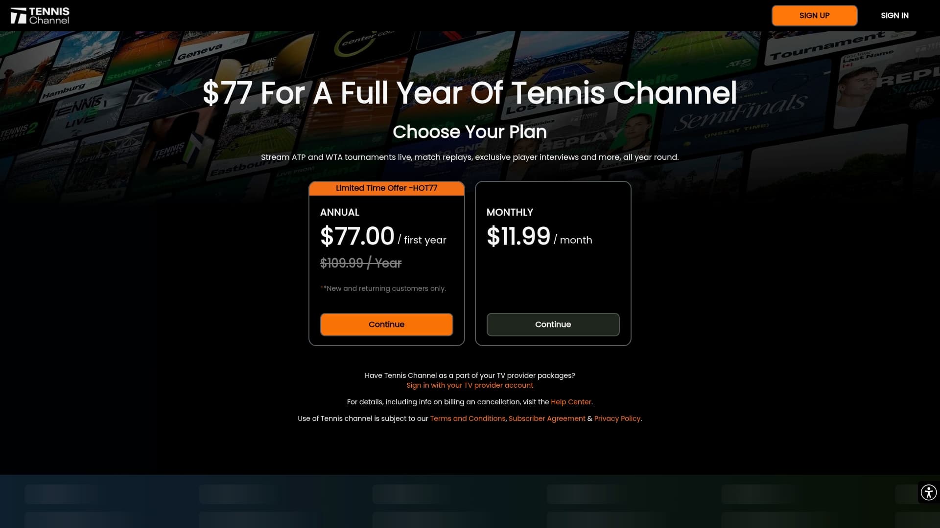 Tennis Channel sponsor landing page advertised on The Big T