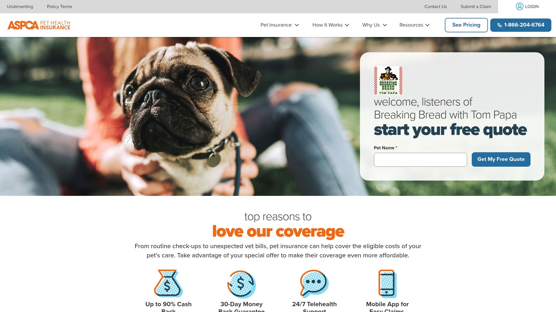 ASPCA Pet Health Insurance sponsor landing page advertised on Breaking Bread with Tom Papa