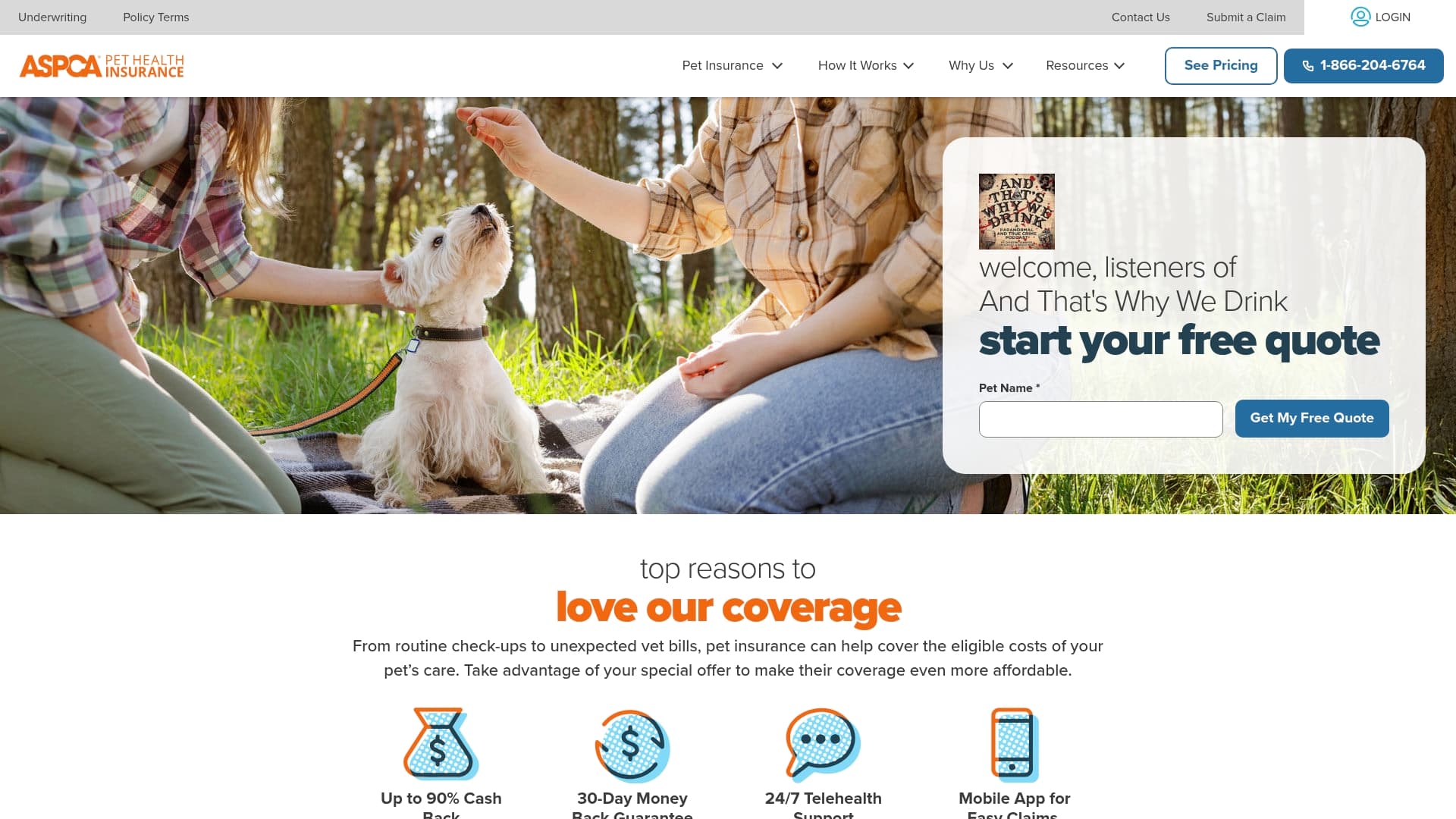 ASPCA Pet Health Insurance sponsor landing page advertised on And That's Why We Drink