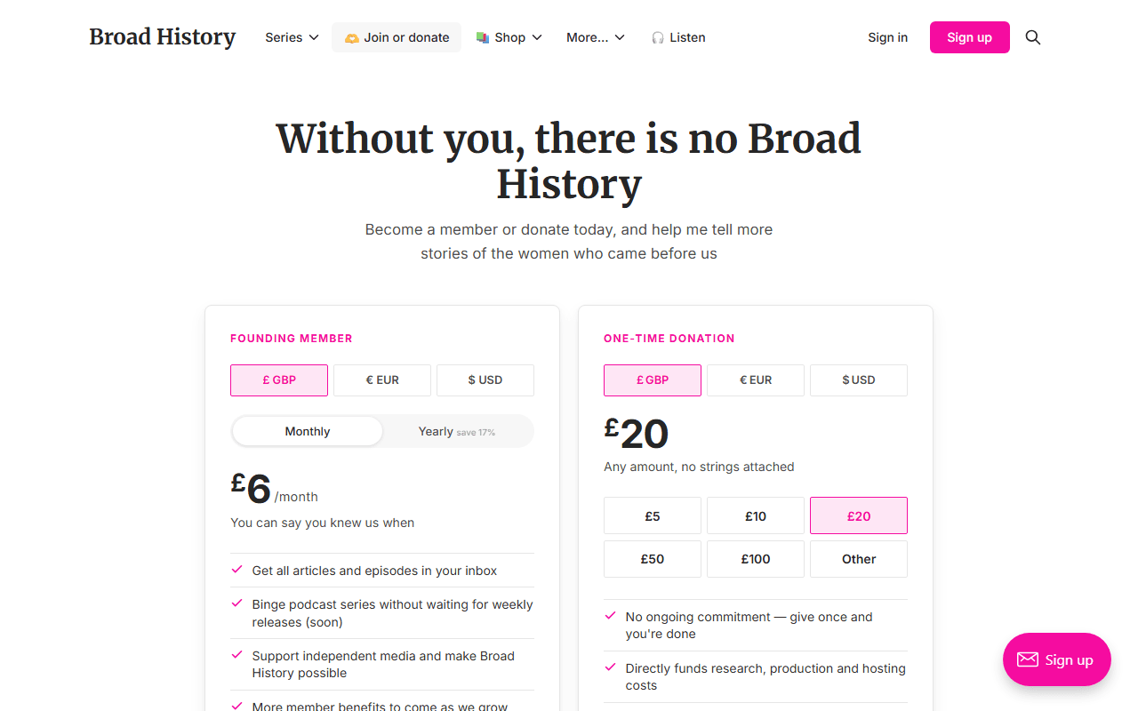 Broad History Membership sponsor landing page advertised on Broad History