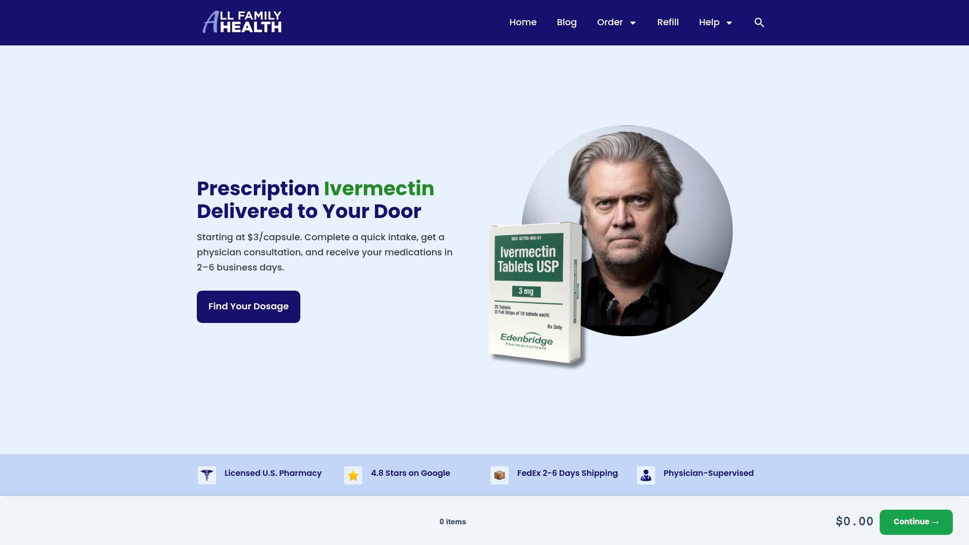 All Family Pharmacy sponsor landing page advertised on Bannon`s War Room