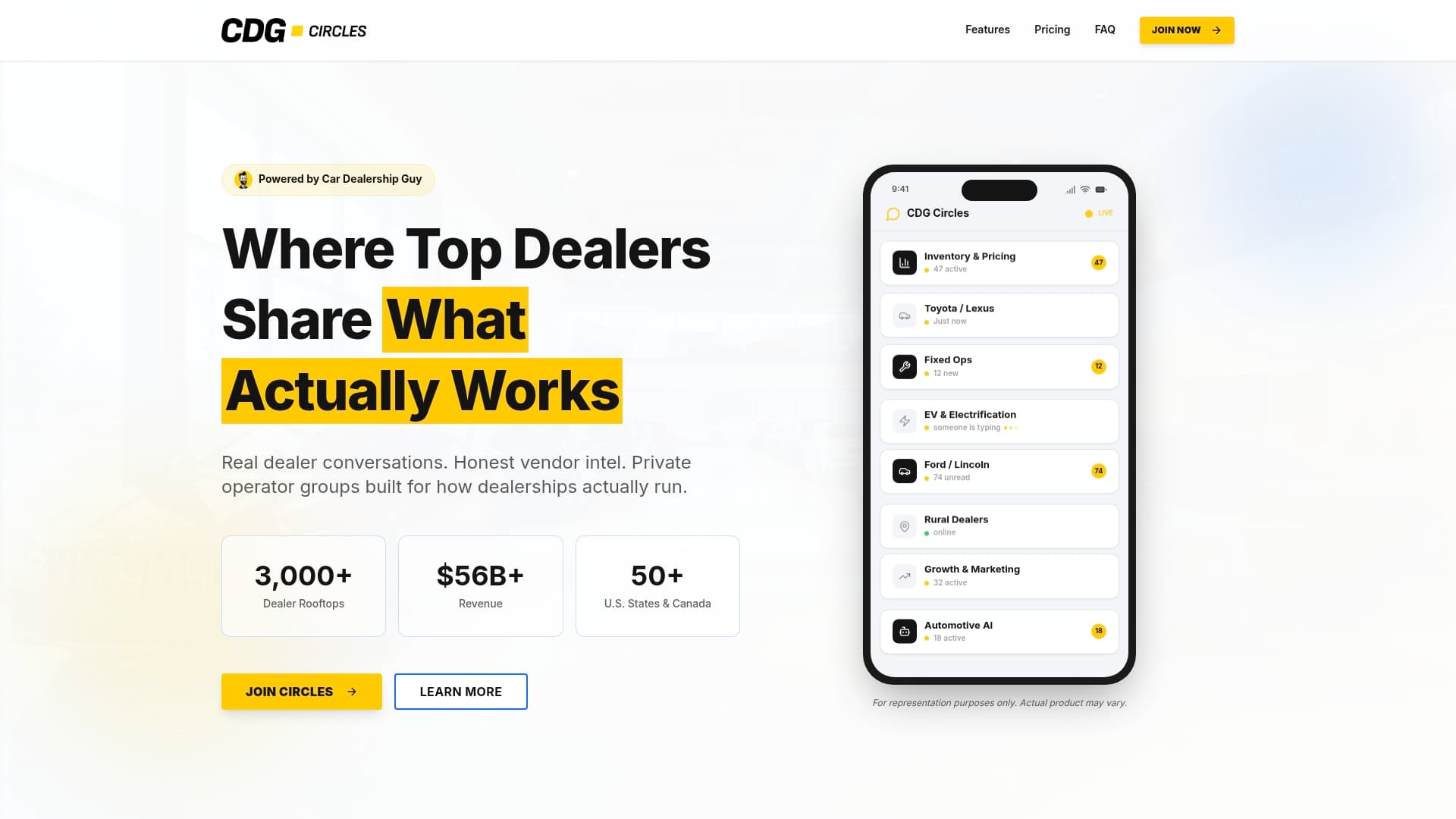 CDG Circles sponsor landing page advertised on Car Dealership Guy Podcast