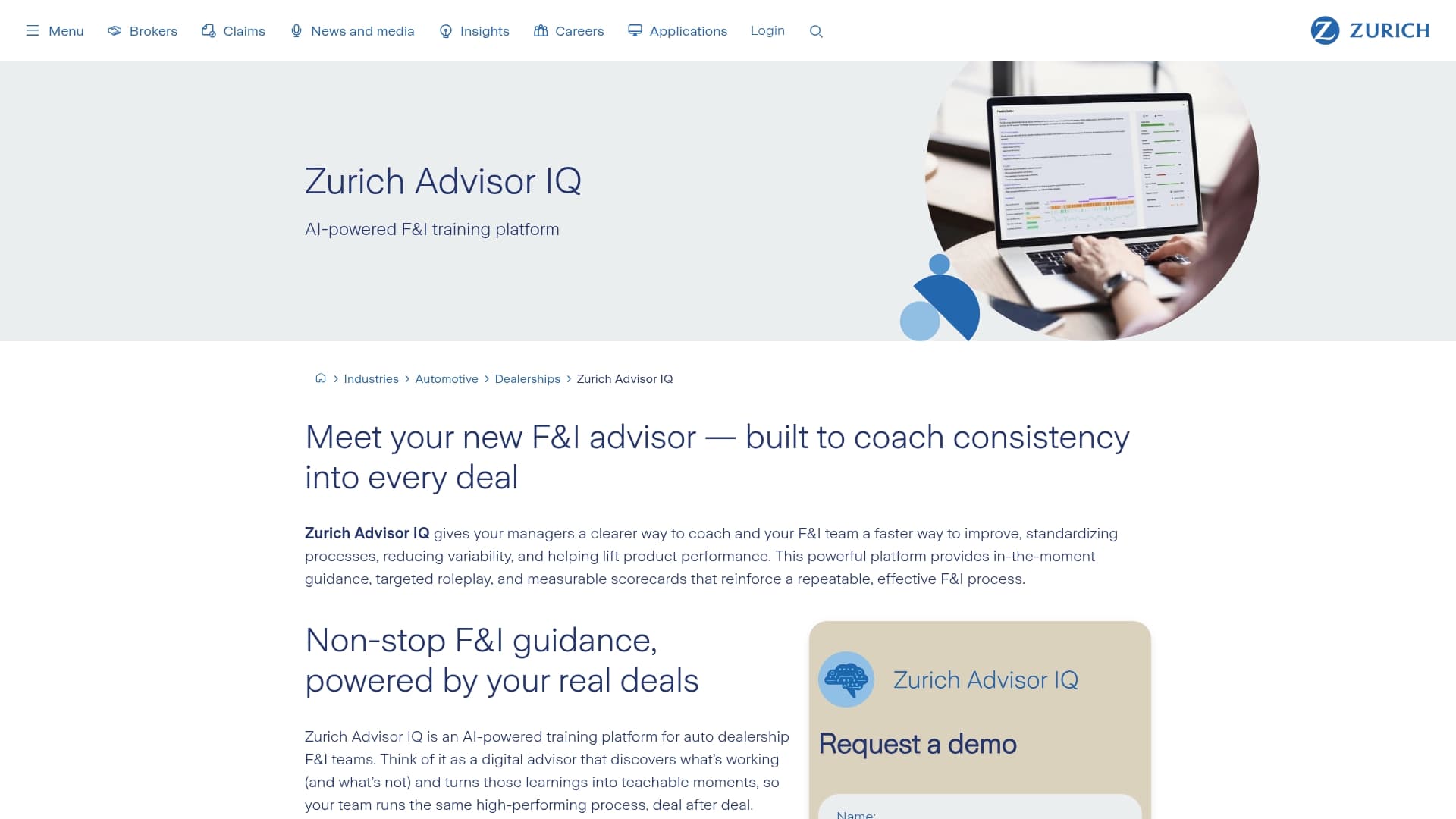 Zurich sponsor landing page advertised on Car Dealership Guy Podcast