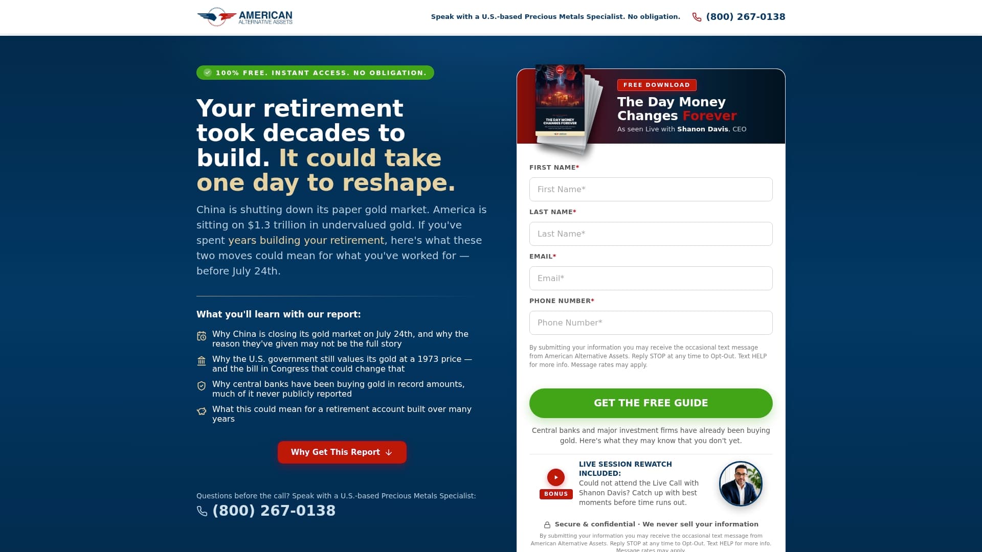 American Alternative Assets sponsor landing page advertised on John Kiriakou's Briefing Room