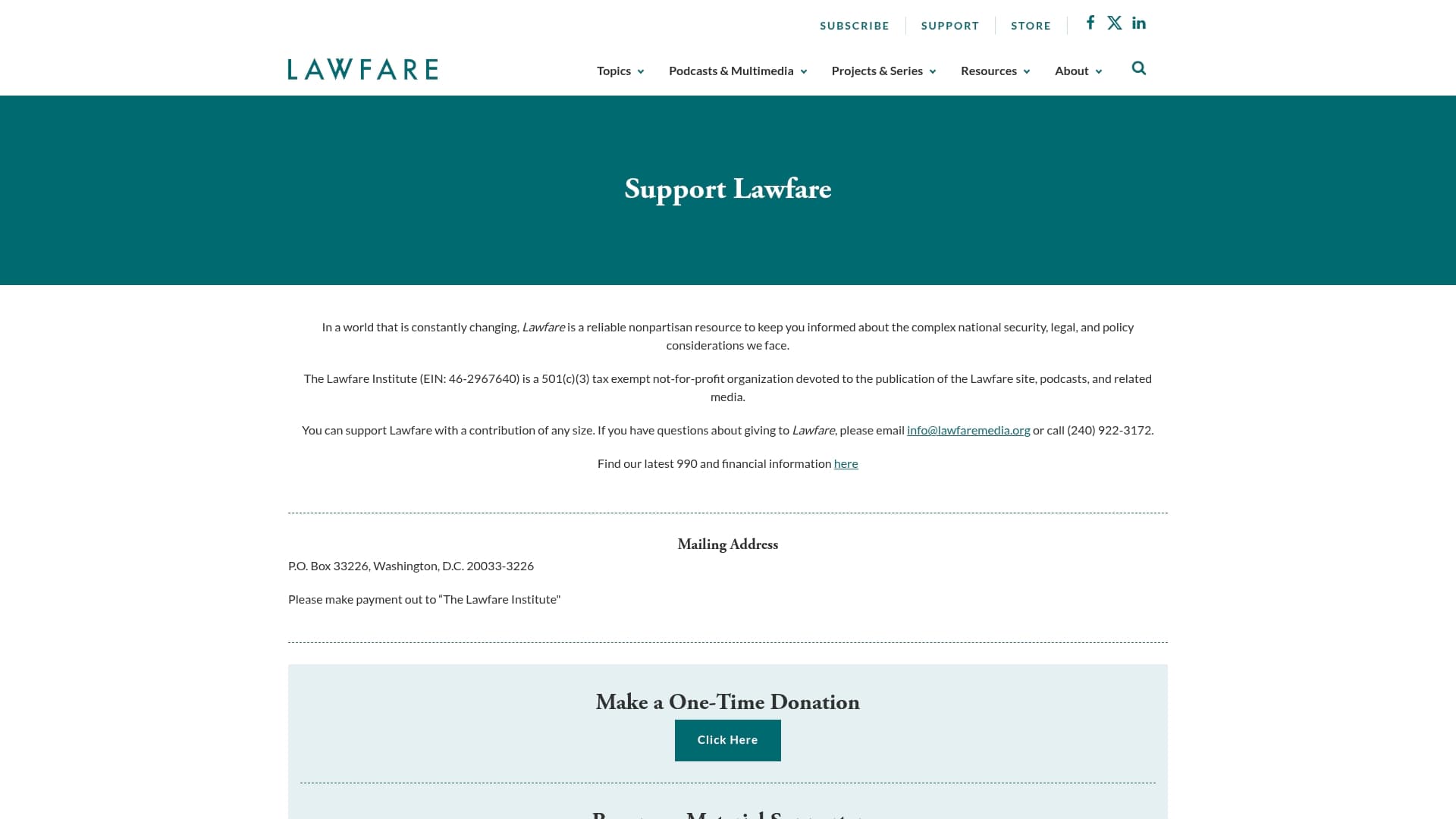 Lawfare sponsor landing page advertised on Arbiters of Truth
