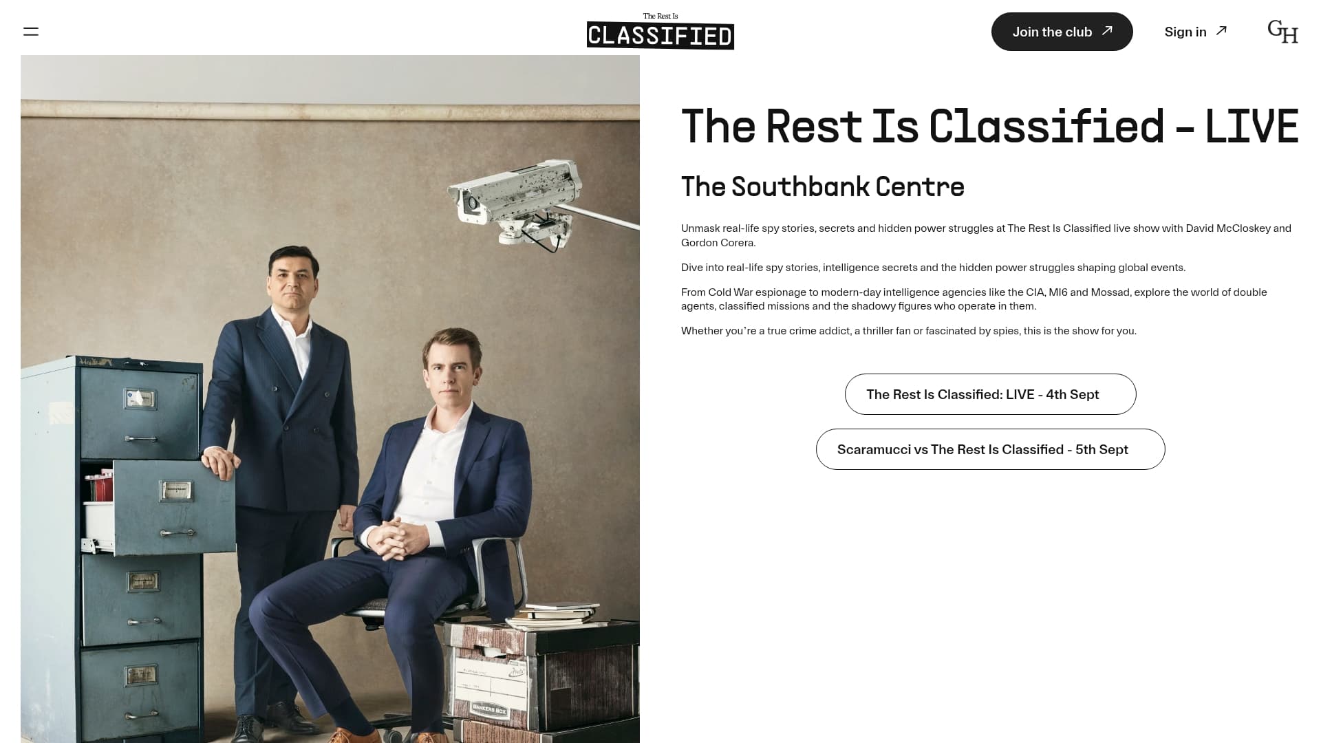 Declassified Club sponsor landing page advertised on The Rest Is Classified