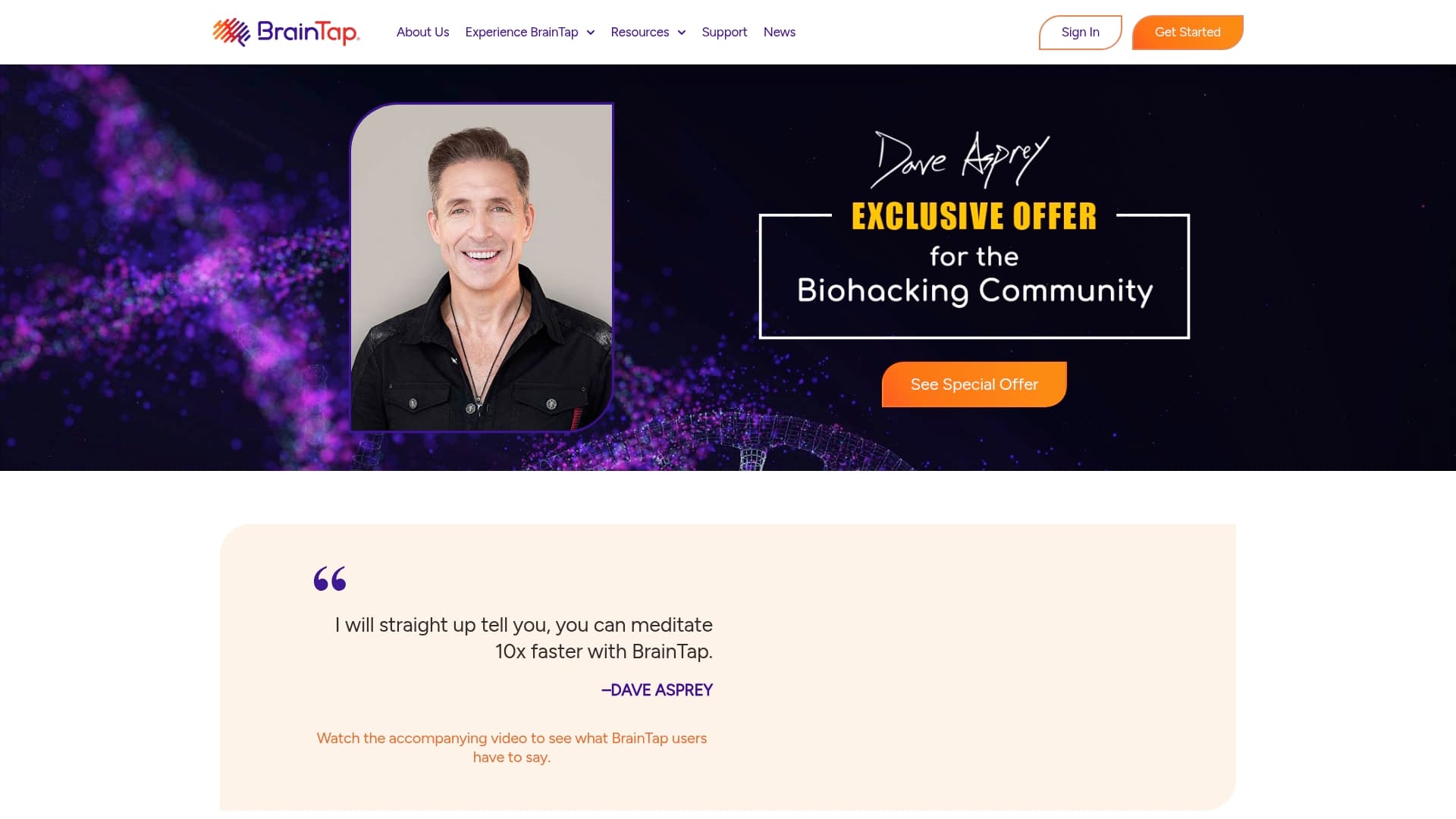 BrainTap sponsor landing page advertised on The Human Upgrade with Dave Asprey