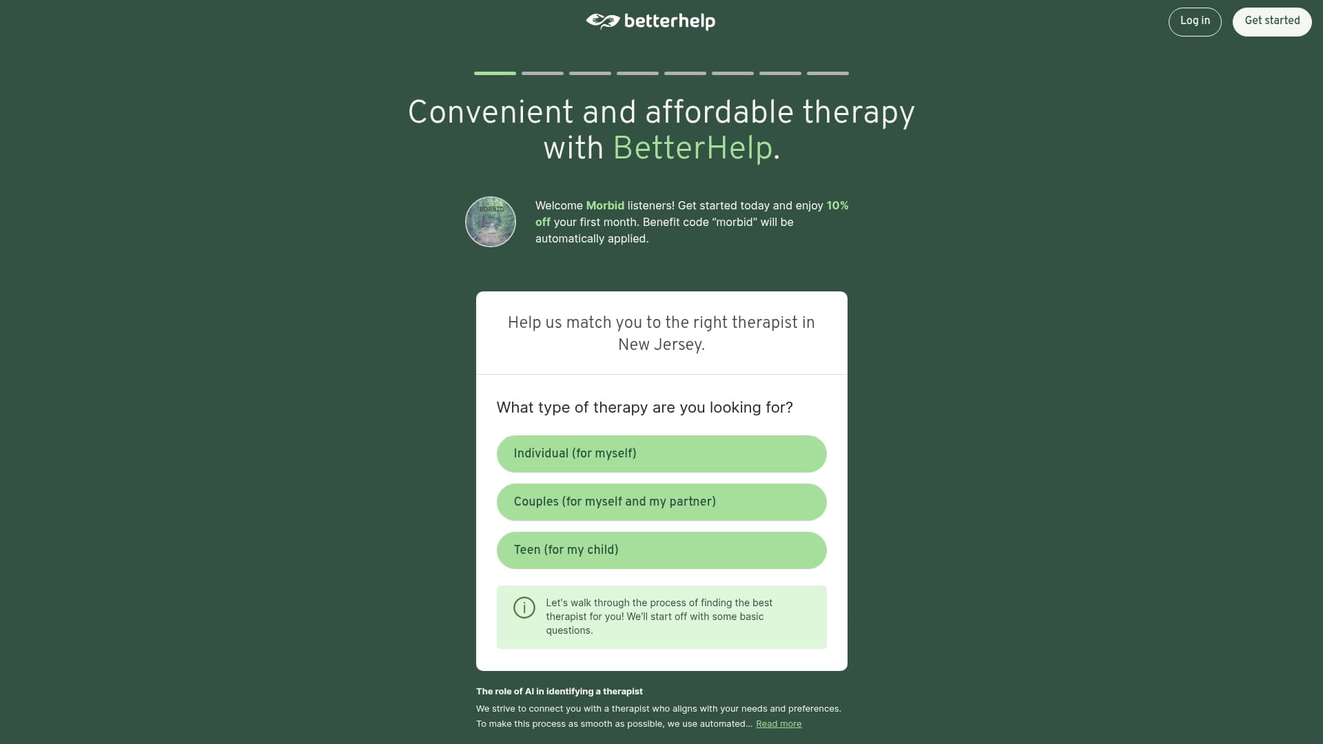 BetterHelp sponsor landing page advertised on Morbid