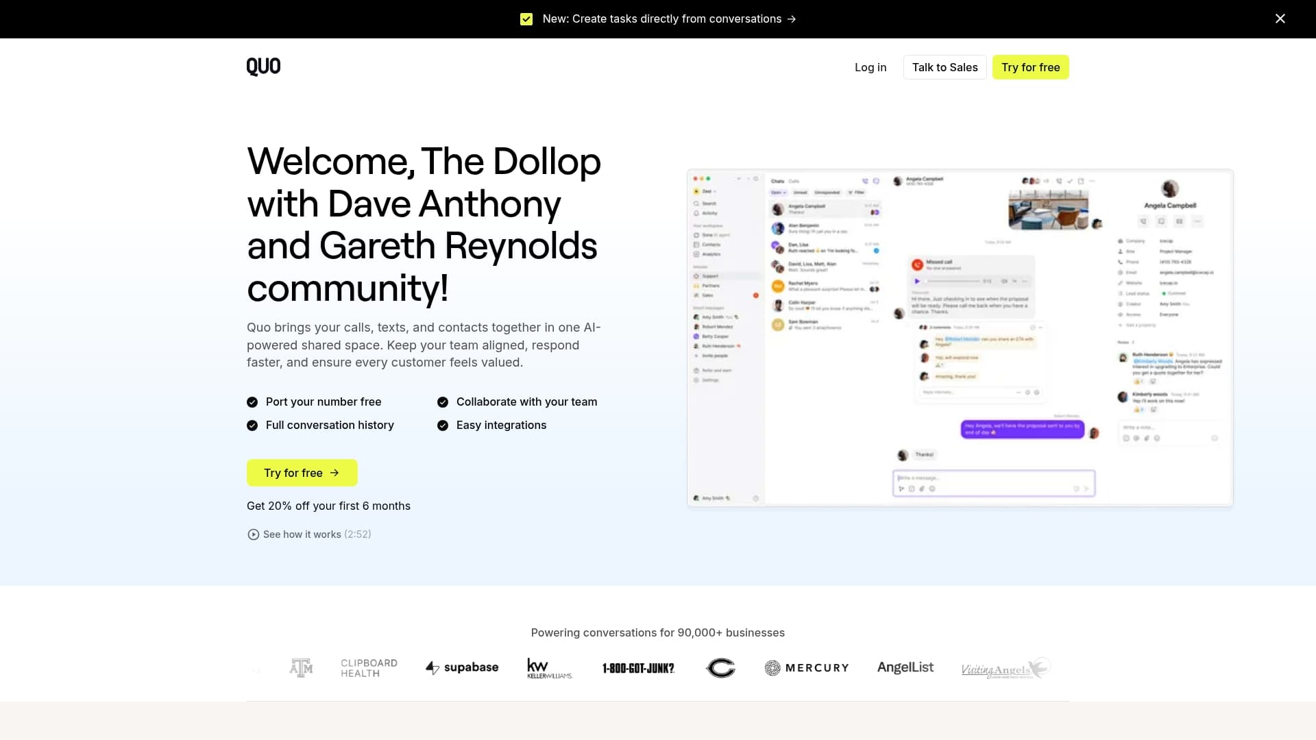 Quo sponsor landing page advertised on The Dollop with Dave Anthony and Gareth Reynolds