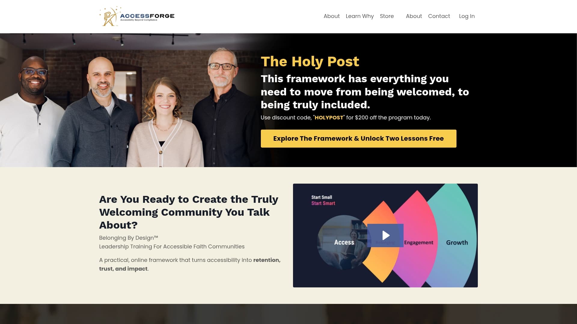 Access Forge / Belonging by Design sponsor landing page advertised on The Holy Post