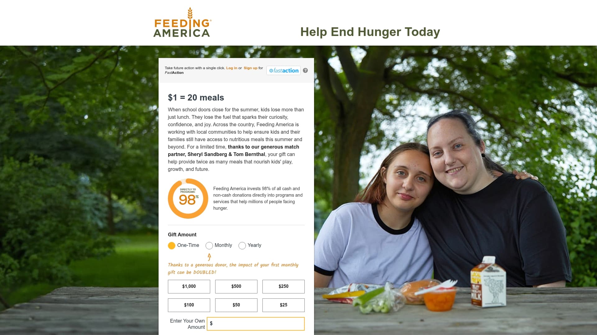 Feeding America sponsor landing page advertised on The Holy Post