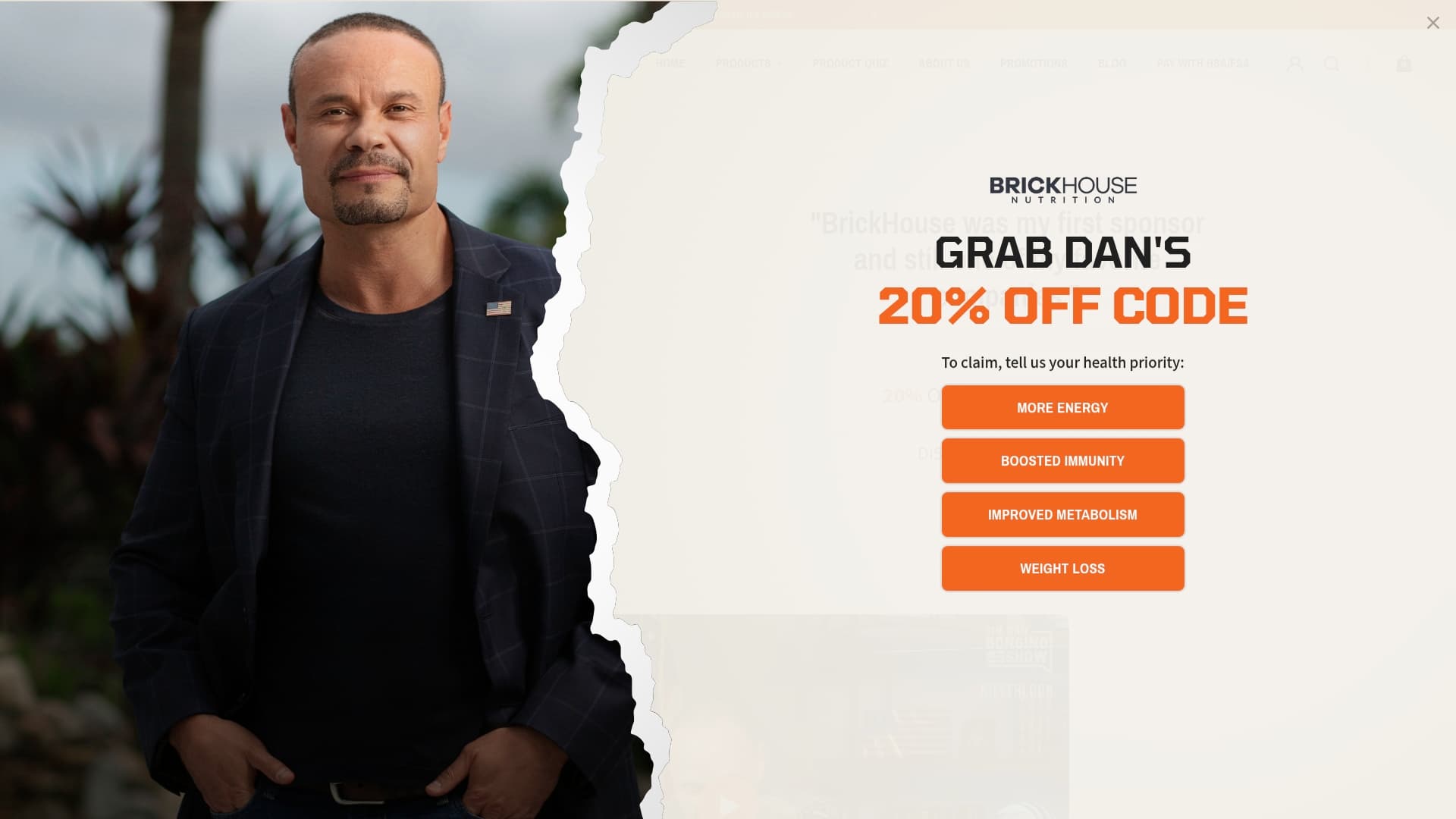 Brickhouse Nutrition sponsor landing page advertised on The Dan Bongino Show