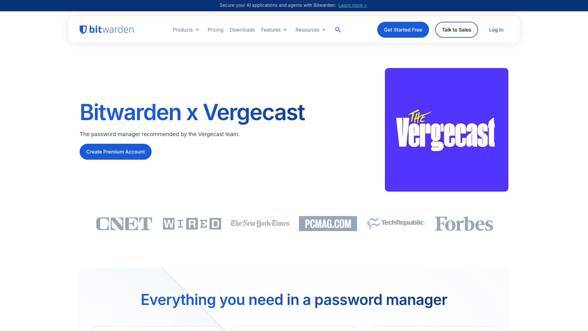 Bitwarden sponsor landing page advertised on The Vergecast