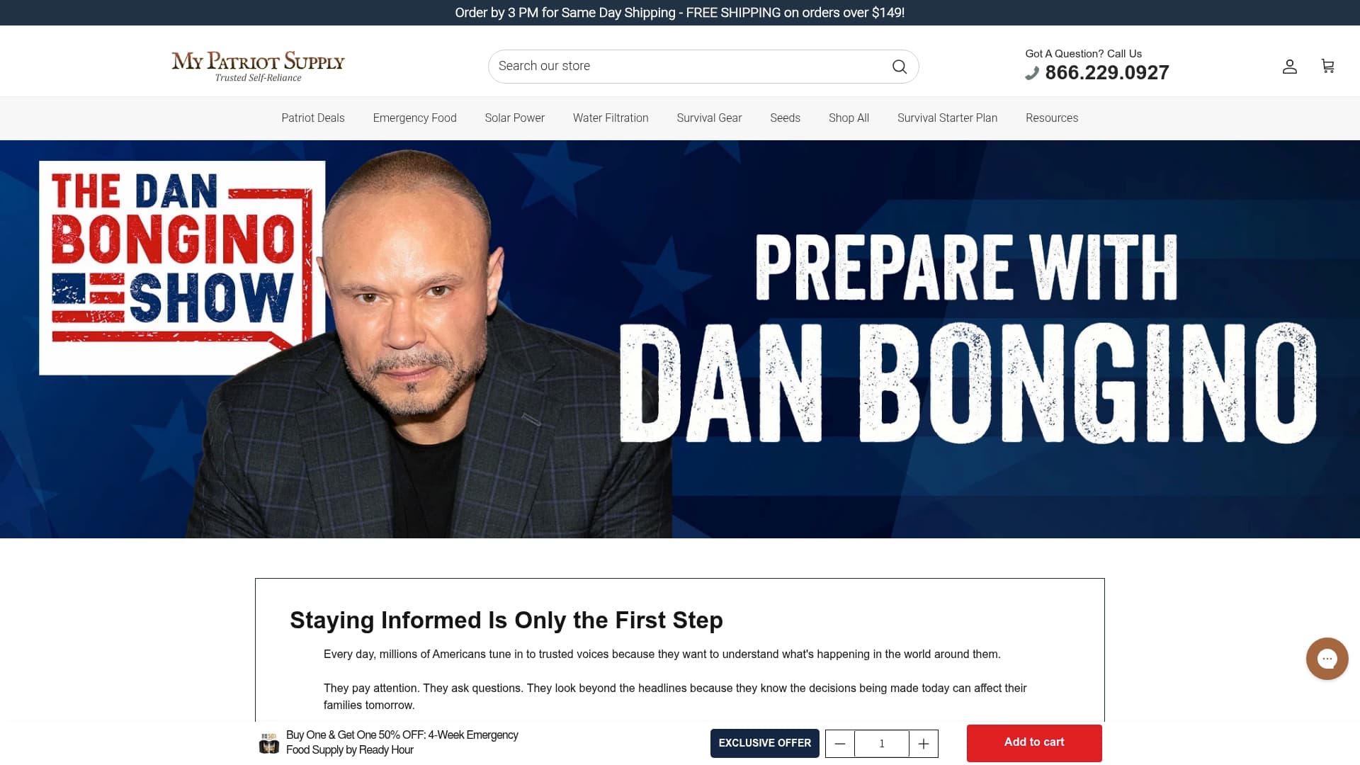 My Patriot Supply sponsor landing page advertised on The Dan Bongino Show