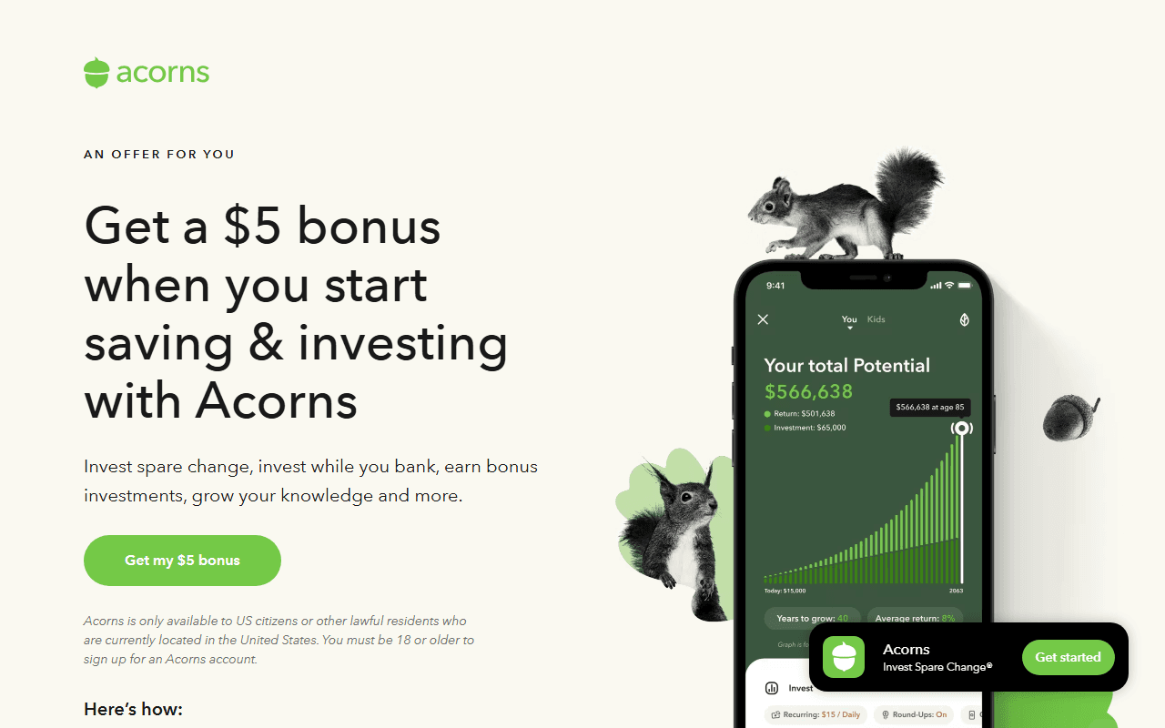 Acorns sponsor landing page advertised on Rotten Mango
