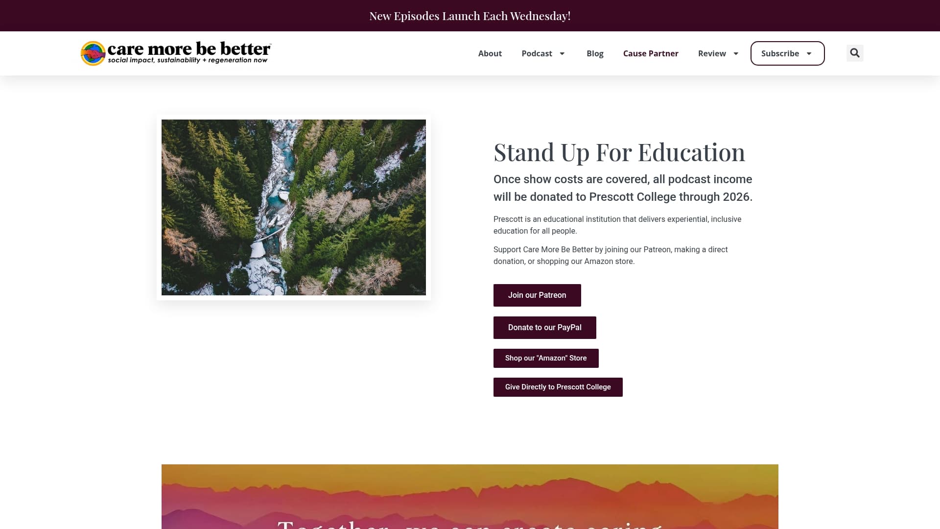 Prescott College sponsor landing page advertised on Care More Be Better: Social Impact - Sustainability - Regeneration