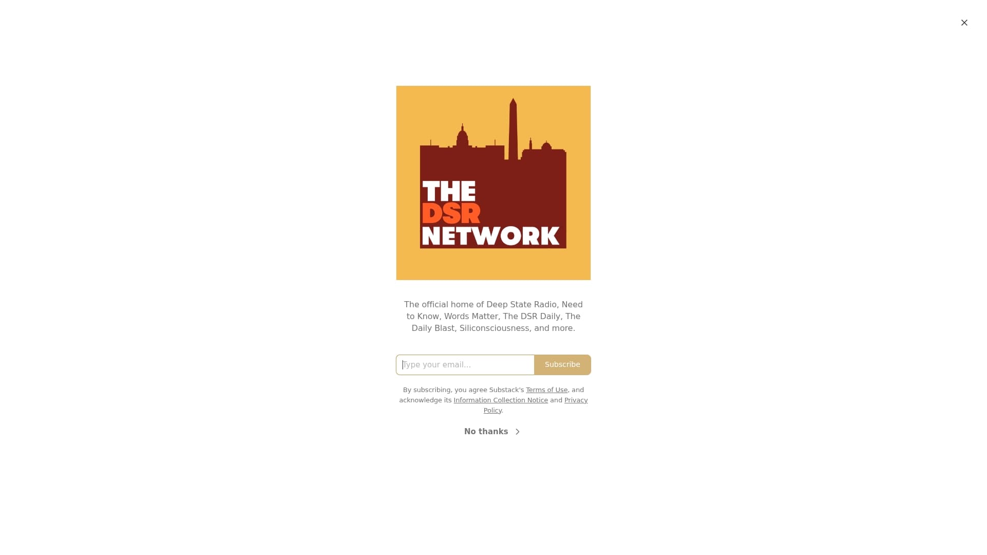 DSR Network Substack sponsor landing page advertised on Deep State Radio